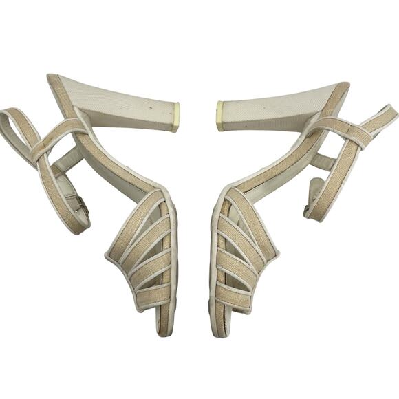 Marc Jacobs Size 6.5 Strappy High Heels Cream Neutral Canvas Beige Women's Shoes - Picture 3 of 7